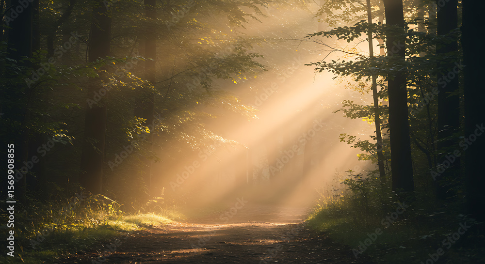 Poster sunbeams shine through trees onto a tranquil path in a misty forest. a serene and hopeful nature sce