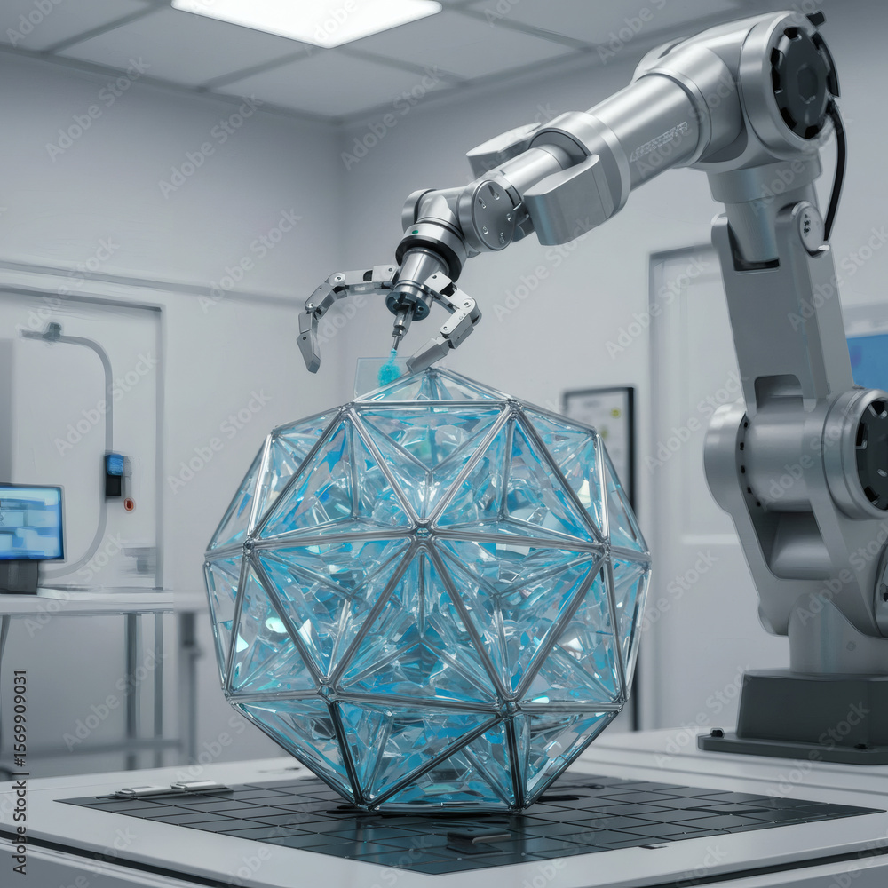 Poster a robotic arm in a high-tech lab precisely handles a complex, crystalline geodesic sphere. concept o