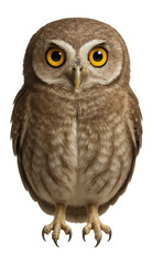 Elf owl with tiny stature and yellow eyes set against a pale face