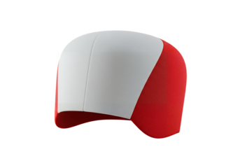 A red and white swim cap floats against a black background