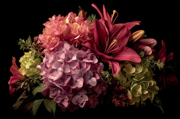 A close-up of an arrangement of flowers, including lilies and hydrangeas