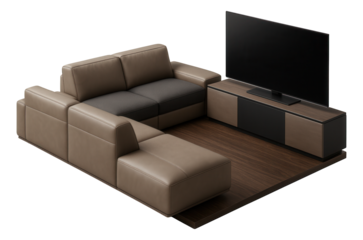 Lounge area with modular seating and entertainment system