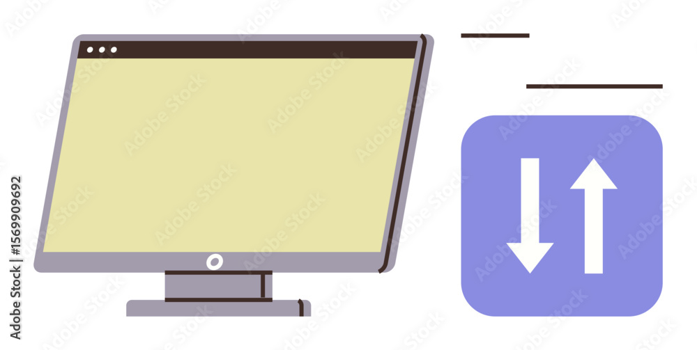 Poster computer monitor alongside up-down arrows symbolizing data sync, transfer, or communication. ideal f