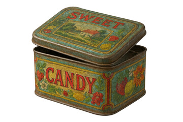 Vintage sweet candy tin box, isolated on transparent background, antique look