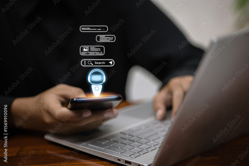 Fototapete a person uses a smartphone to interact with an ai chatbot for search and information while working o