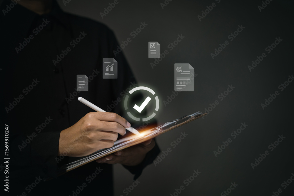 Poster a person uses a stylus on a clipboard to approve digital documents, represented by a glowing checkma