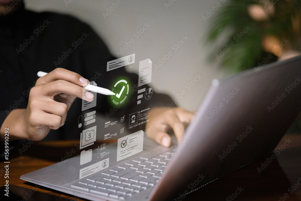 Poster digital document verification with futuristic interface and laptop