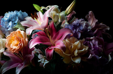 A close-up of an arrangement of flowers, including lilies and hydrangeas