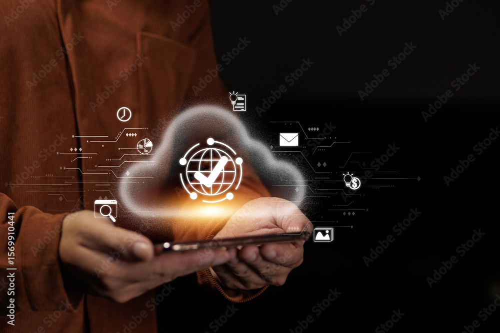 Poster cloud computing concept with digital icons above smartphone in hand