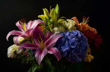 A close-up of an arrangement of flowers, including lilies and hydrangeas
