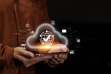 Cloud Computing Concept with Digital Icons Above Smartphone in Hand