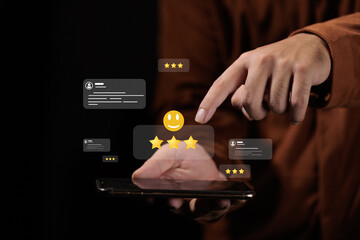 Hand Touching Smartphone with Review and Rating Icons, Customer Feedback Concept