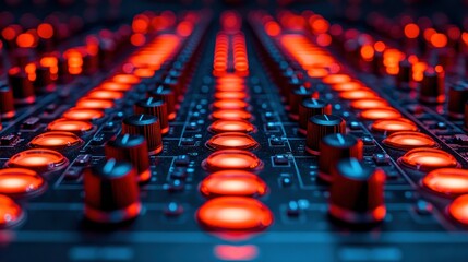 Close-up of a glowing audio mixing console