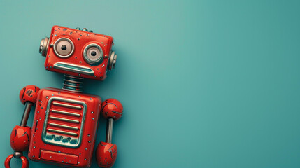 A tiny red wind-up robot toy lying flat on the left side of a pastel blue background, minimal overhead view.