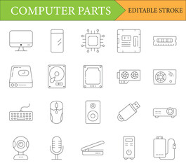 Computer Parts Icons Collection with Editable Stroke Style for Technology and Hardware Designs and Information