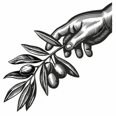Hand reaching for olives in a detailed monochrome drawing of hand reaching for olives, showing texture and light. Hand reaches for olives on a branch,