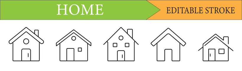 Home Icons Depicting Houses Editable Stroke Style Vector Illustration for Real Estate or Construction Concepts with Editable Stroke