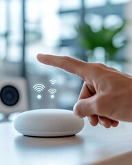Smart home control hand interacting with wireless speaker