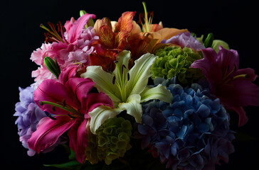 A close-up of an arrangement of flowers, including lilies and hydrangeas