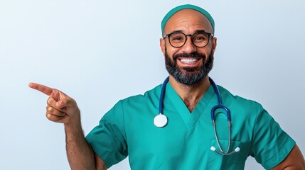 Smiling doctor points to copy space, medical professional portrait
