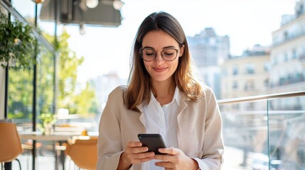 Smiling woman using smartphone at outdoor cafe