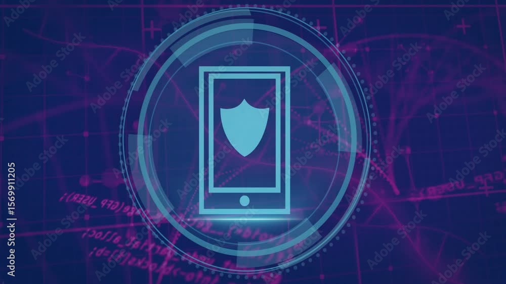 Poster swirling lines forming shield with cybersecurity text switching to rotating rings scanning phone