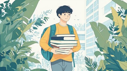 Student carrying books amidst lush foliage