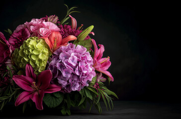A close-up of an arrangement of flowers, including lilies and hydrangeas