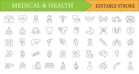 Obraz premium Medical and Health Outline Icon Set for Healthcare and Wellness Concepts with Editable Stroke Functionality for Easy Customization