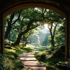 Sunlit forest path through archway