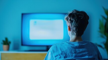 Teenager watching television back view blue light evening