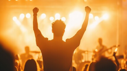 Triumphant fan at a vibrant concert silhouetted joy