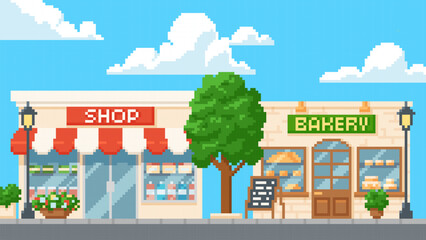 Bakery and shop building on the street vector pixel art, cartoon 8 bit showcase with products assortment on shelves