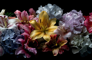 A close-up of an arrangement of flowers, including lilies and hydrangeas