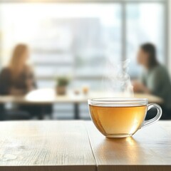 Warm tea break tranquil cafe scene with steaming cup