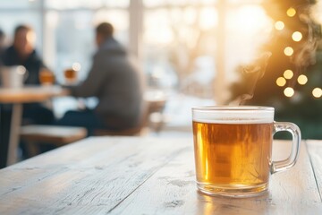 Warm drink on rustic table at cozy cafe