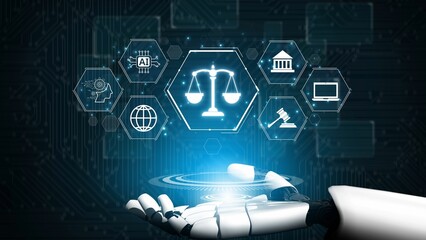 Futuristic digital law interface displaying justice scale, highlighting digital law, AI compliance,...