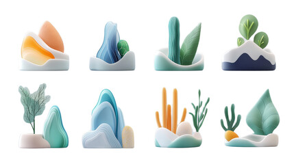 Whimsical 3d rendered miniature landscapes set of eight unique designs