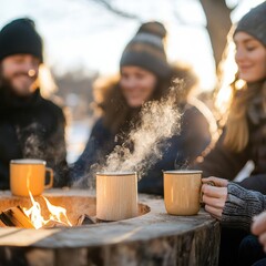 Winter gathering warmth friends enjoying hot drinks by a cozy fire