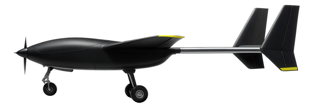Fixed-wing reconnaissance drone with retractable landing gear and twin tail booms