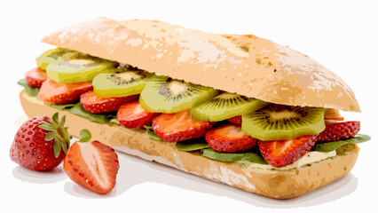 vectors Tasty homemade vegetarian sandwich with fresh strawberries and kiwi slices, perfect for a healthy snack.svg