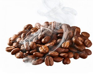 Obraz premium Roasted brown coffee beans and cinnamon on a white background create an inviting aroma for a perfect espresso breakfast drink