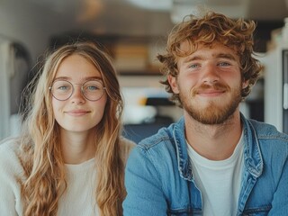 Young couple portrait inside van, authentic lifestyle shot