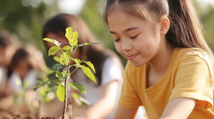 Young girl tenderly planting a sapling
