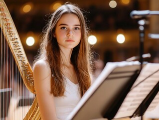 Young harpist in concert hall a portrait of grace