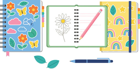Fototapeta premium Cute notebooks and stationery vector illustration for journaling and creative writing projects and back to school