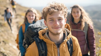 Young hikers on mountain trail adventure