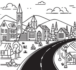 Fototapeta premium Village landscape with road and buildings, line sketch. Black and white