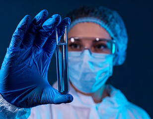 Uma cientista paramentada usando máscara, jaleco, touca e luvas de cor azul e óculos de proteção ocular, segurando uma pipeta com um líquido.
