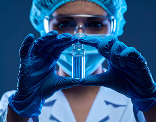 Um cientista todo paramentado, segurando uma pipeta com as duas mãos enluvadas.